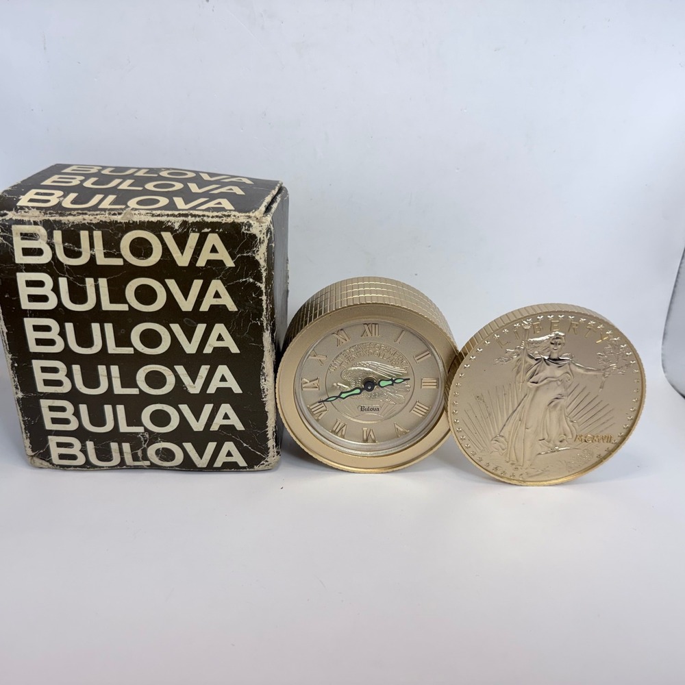 Vintage Bulova B-0671 Gold Coin Travel Alarm Clock Saint-Gaudens MCMVII Boxed